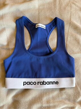 Paco Cobalt Rabanne Blue and White Logo Elastic Sports Bra
